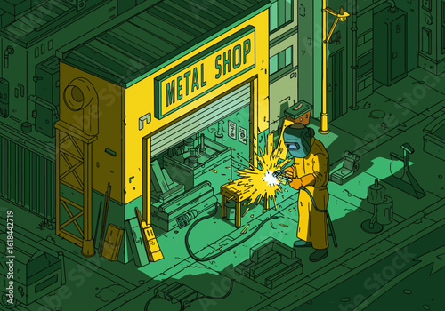 An isometric illustration depicts a welder working outside a metal shop, sparks flying, in a city street scene.