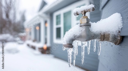 Frozen outdoor faucet with icicles during winter season at a suburban home