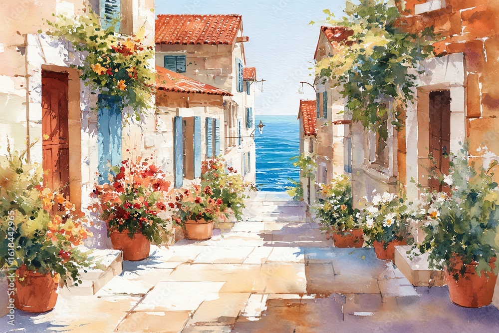 Fototapeta premium Mediterranean village watercolor view, terracotta roofs, climbing vines, bright sunlight and ocean breeze