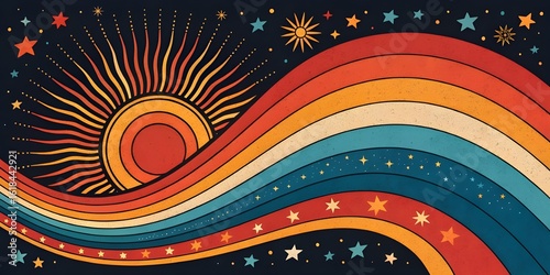 Retro psychedelic sun and rainbow waves with stars in a dark night sky