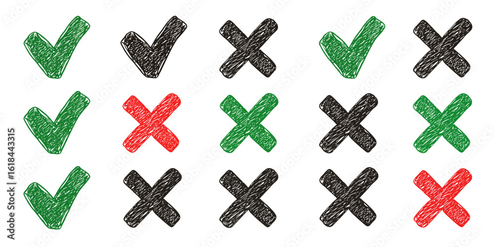 Obraz premium Hand-Drawn Green Checkmarks and Red/Black Crosses in Rows