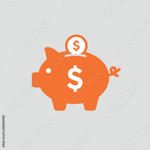 Orange piggy bank with a coin being deposited, symbolizing savings and finances.