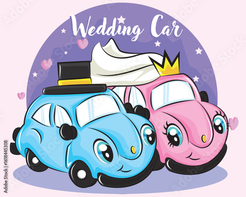 Photos Cute wedding car character. couple car for card invitation