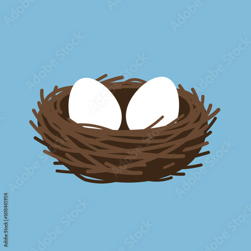 A simple illustration of two white eggs nestled in a brown bird's nest against a light blue background.