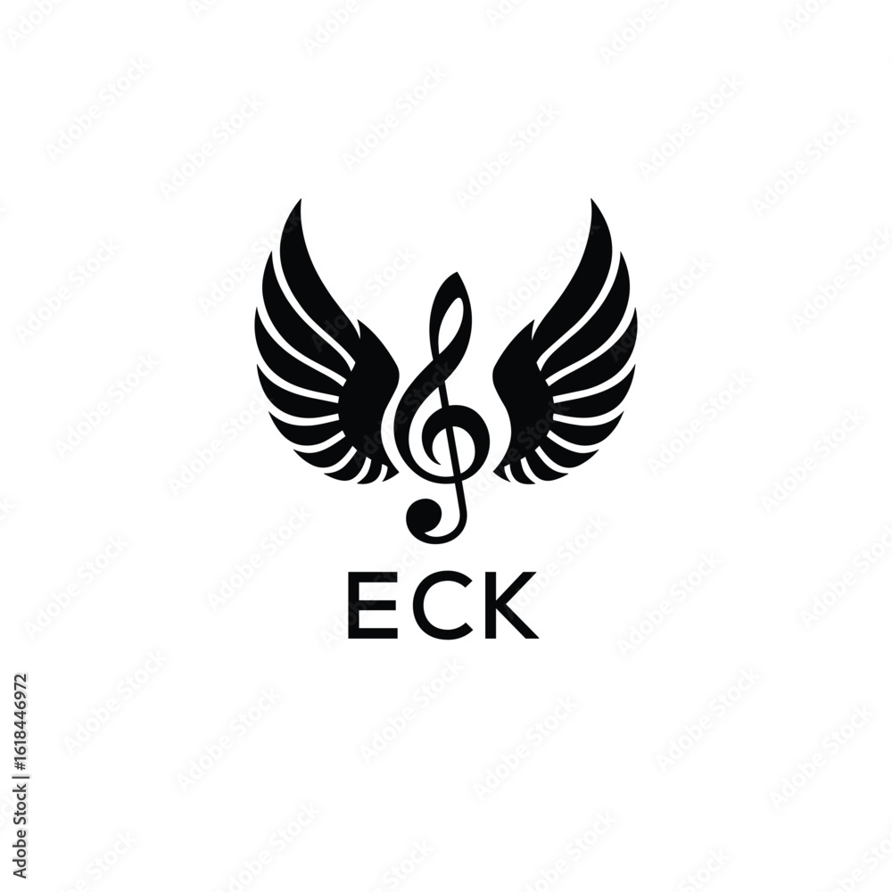 Fototapeta premium Creative Music Logo with Treble Clef and Wings –ECK Musical Brand Identity Design. ECK Letter Logo. 