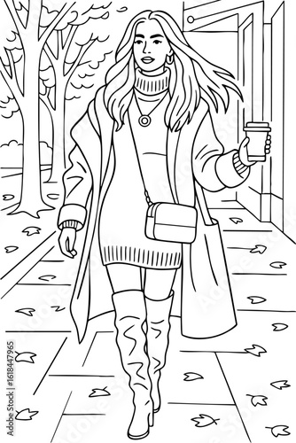 Trendy woman walking down a leaf-covered street with coffee. Autumn fashion coloring page.