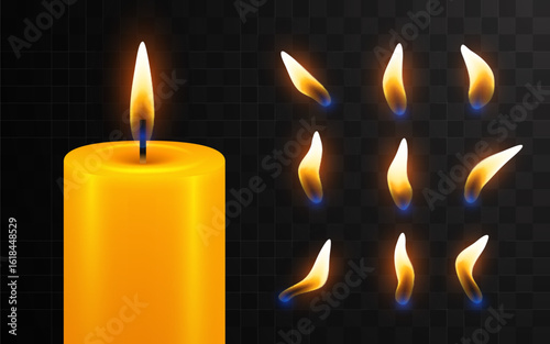 Vector 3d realistic orange paraffin or wax burning candle and different flame of a candle set closeup isolated on transparency grid background. Design template. Vector illustration
