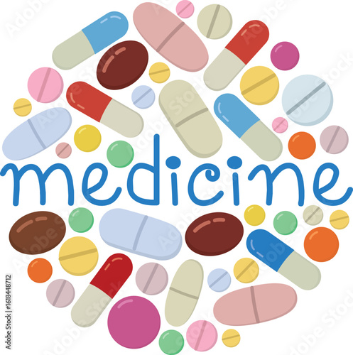 Round composition with colorful capsules, pills and inscription. Set of different types of medicine  isolated on white