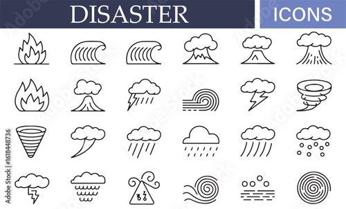 Visual symbols for natural disaster types including tsunami and fire
