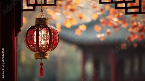 Red lantern with gold patterns glowing in a traditional courtyard, celebrating China National Day.