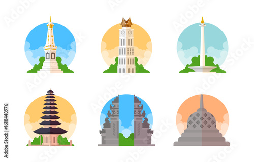 Indonesian landmarks vector icon set concept. A collection of famous monuments for travel and tourism in Asia.