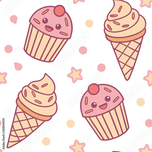 Children’s Products Seamless Pattern of Kawaii Cupcakes and Ice Creams for Kidswear