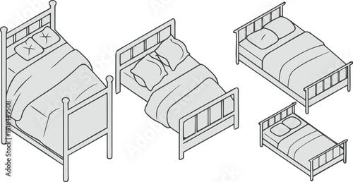 Isometric Bed Line Art Collection on Transparent Background
