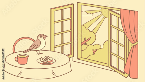 A bird on a table with a cup and donuts near an open window with a view of trees and sunshine