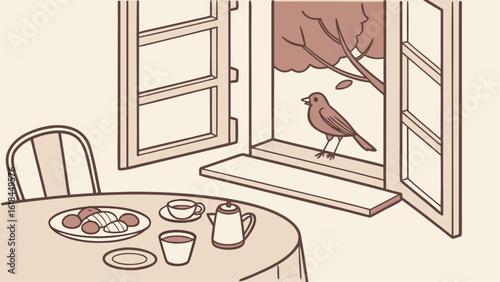 Illustration of a bird on a window sill with a table set for tea and pastries in the foreground