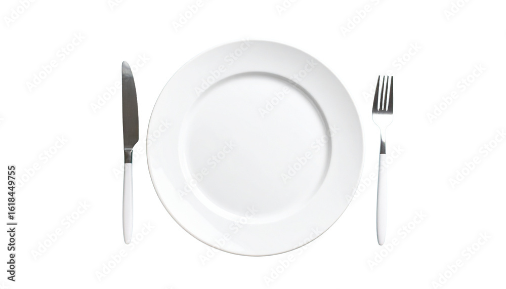 Minimalist Table Setting with White Plate and Silverware on Soft Blue Surface Minimalist Table Setting with White Plate and Silverware on Soft Blue Surface