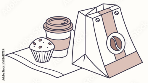Illustration of a coffee cup, muffin, and a bag with a coffee bean logo on a napkin still life