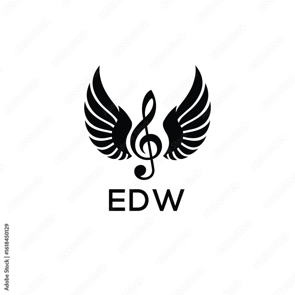 Fototapeta premium Creative Music Logo with Treble Clef and Wings –EDW Musical Brand Identity Design. EDW Letter Logo. 