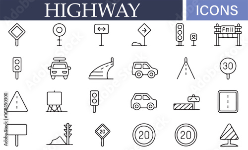 Highway icon set showing vehicles, roadwork, and speed signs
