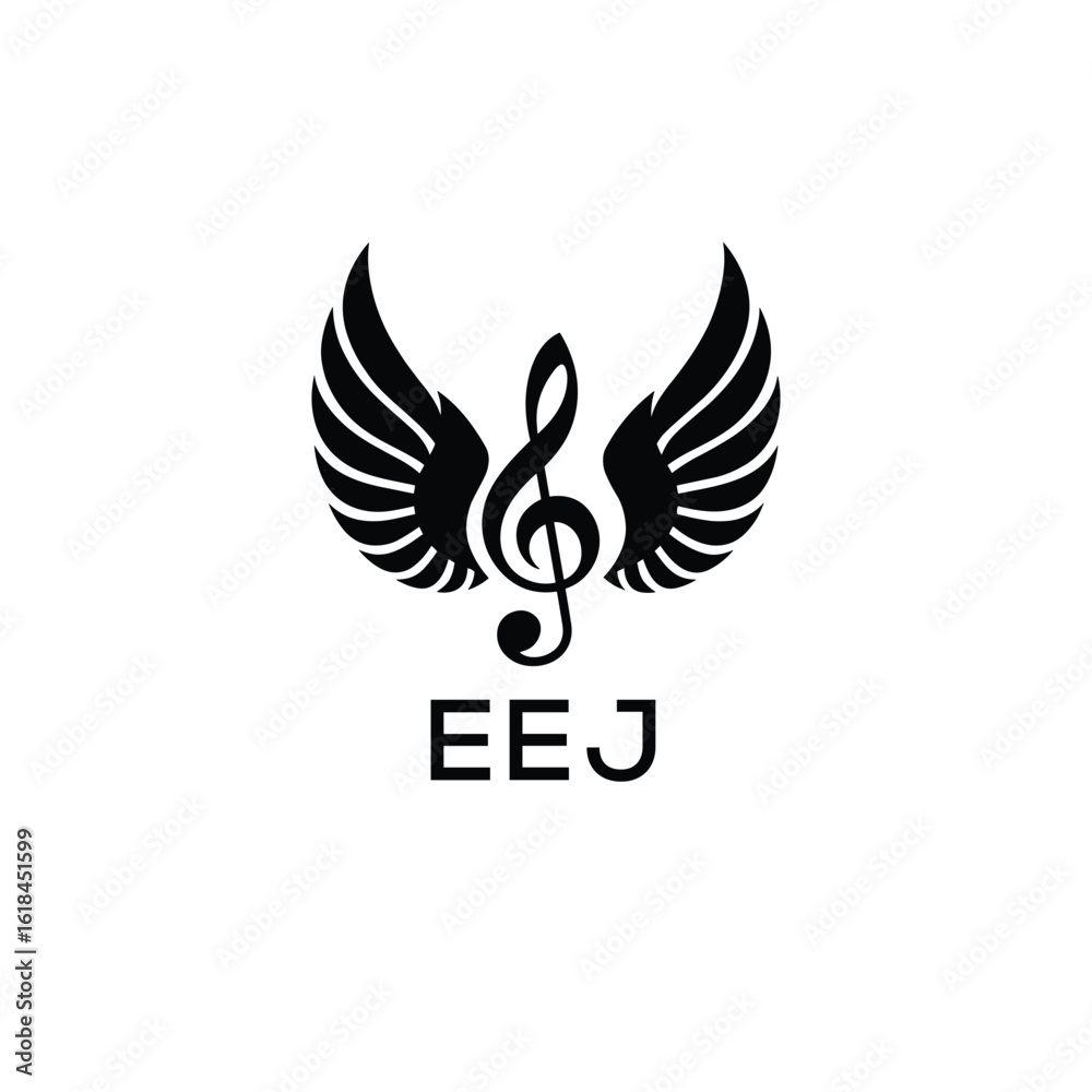 Fototapeta premium Creative Music Logo with Treble Clef and Wings –EEJ Musical Brand Identity Design. EEJ Letter Logo. 