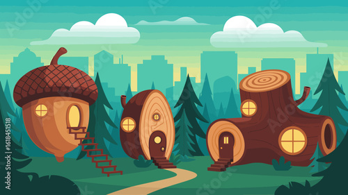 Whimsical Cartoon Landscape with Nut Shell and Log Houses in a Forest Setting with Cityscape Background