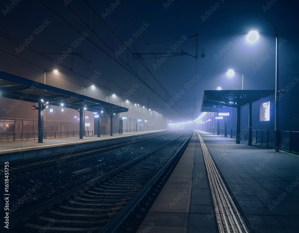 Naklejka premium A foggy and lonely railway platform at night.