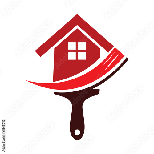 Red house logo with paintbrush and red and brown swoosh on white background home painting
