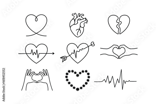 Heartbeat electrocardiogram and heart symbols in line art style love pulse