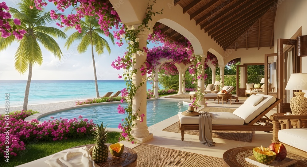 Fototapeta premium Luxury tropical vacation villa with pool and ocean view beckons