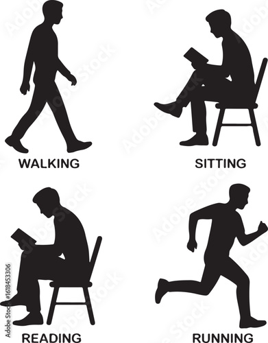 Four black silhouette figures demonstrating walking sitting reading running