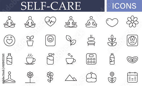 Icon set for self-care, including wellness, meditation, and health habits