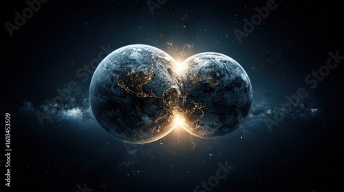 Two Earth-like planets colliding in space, radiant light emanating from the point of contact