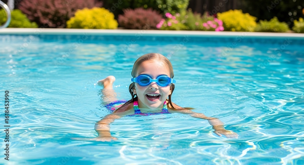 Naklejka premium Joyful Girl with Goggles Swimming in a Sparkling Blue Pool