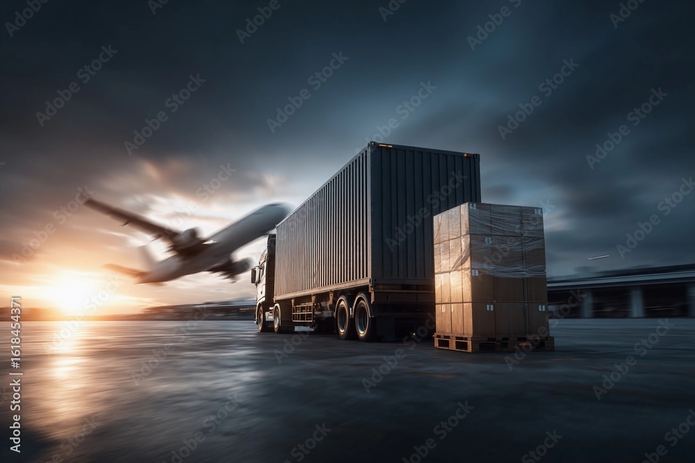Fototapeta premium Truck delivering cargo at sunset with airplane taking off in the background