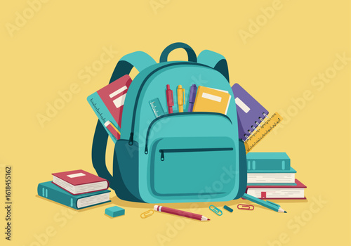 An illustration of a teal school backpack filled with books, notebooks, and pens, surrounded by various stationery supplies.