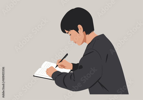 A young person with dark hair diligently writes in an open notebook with a pen, focused on their task.