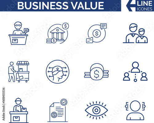 Modern Business Value and Growth Icon Set. Profit, ROI & Growth,  Strategy, Brand & Customer Benefit, Success, Metrics & Impact, Competitive Edge, Performance & Excellence Icon Bundle.