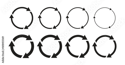 Set of vector icons of three circular arrows isolated on a white background. Symbols for reloading, changing, and refreshing. Rotating loading arrow symbol. Vector illustration