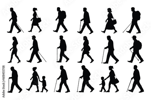 Diverse people walking with canes and bags silhouette