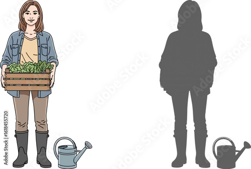 Woman farmer holding crate of fresh vegetables gardening and farming lifestyle concept art vector