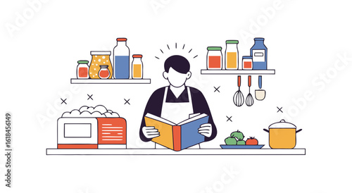 A person in an apron reads a recipe book in a well-stocked kitchen with jars bottles and cooking utensils displayed