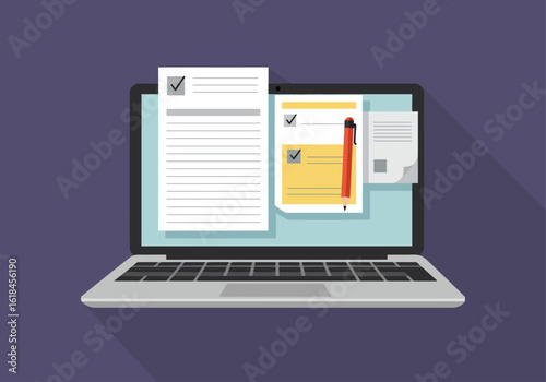 A laptop screen displays digital documents, an online survey, and a checklist with checkmarks.