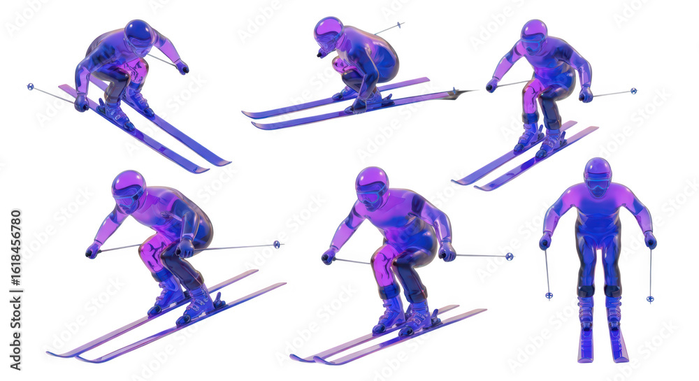 Fototapeta premium Skier performing downhill skiing in various poses white background Perfect for sports articles tutorials and winter activity promotions