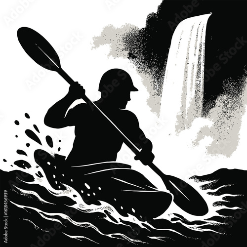 Cartoon vector illustration of a boy kayaking on the river