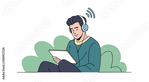 Man enjoying music and tablet outdoors surrounded by nature lush greenery and digital sound waves