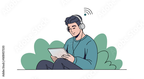 Man enjoying music and tablet outdoors surrounded by nature lush greenery and digital sound waves