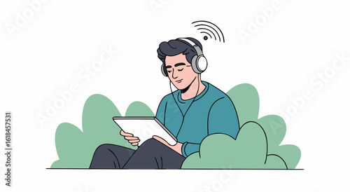 Man enjoying music and tablet outdoors surrounded by nature lush greenery and digital sound waves