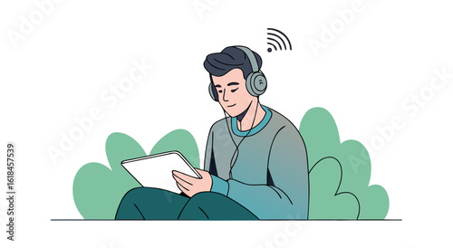 Man enjoying music and tablet outdoors surrounded by nature lush greenery and digital sound waves