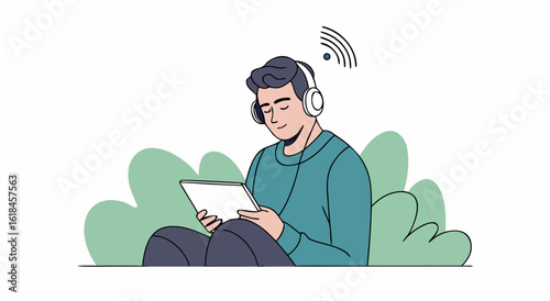 Man enjoying music and tablet outdoors surrounded by nature lush greenery and digital sound waves