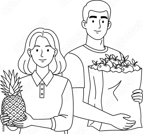 Illustration of couple with grocery bag and pineapple healthy eating lifestyle concept vector